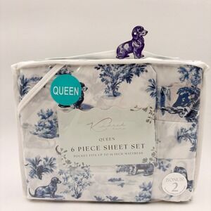 Kindred Home Queen 6 Piece Sheet Set Blue White Dachshund Doxie Dog Toile